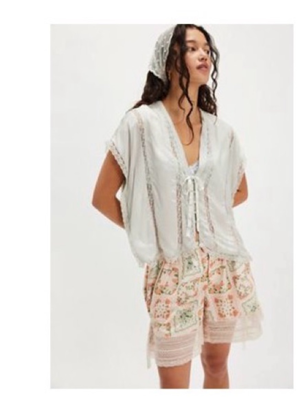 Free People Light Blue Lace-Trim Peasant Top